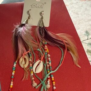 Colorful Feather and Bead Earrings